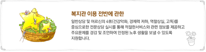 복지관 이용 전반에 관한 일반상담 및 어르신의 4苦(건강악화, 경제력 저하, 역할상실, 고독)를 중심으로한 전문상담 실시를 통해 적절한서비스와 관련 정보를 제공하고 주요문제를 경감 및 조언하여 안정된 노후 생활을 보낼 수 있도록 지원합니다.