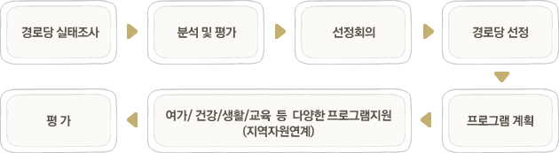 경로당 실태조사 → 분석 및 평가 → 선정회의 → 경로당 선정 → 프로그램 계획 → 여가/건강/생활/교육 등 다양한 프로그램지원(지역자원연계) → 평가