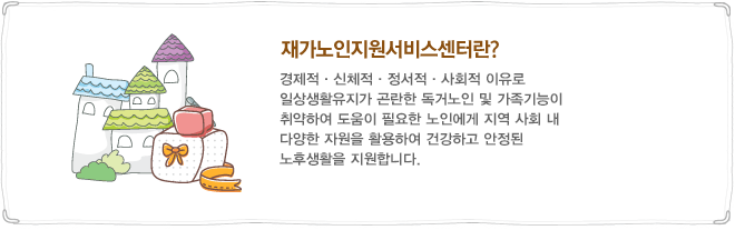 경제적 신체적 이유로 혼자서 생활하는데 어려움이 있는 무의탁 독거노인세대 및 가족기능이 취약하여 도움이 필요한 노인에게 지역내 인적/물적지원을 활용하여, 일상생활에 필요한 지원과 정서지원 및 그 이외의 서비스를 제공하고, 지역사회 내에서 신체적 재활과 정서적 안정을 찾을 수 있도록 하여 안정적인 노후생활을 영위할 수 있도록 돕고자 합니다.